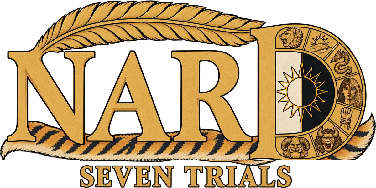 Nard: Seven Trials. The D of the word is the round board, its rim set with the emblems of the trials and its field the split sun.