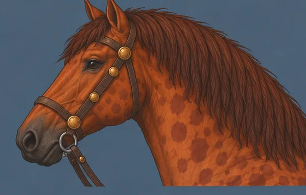 Rakhsh in profile, chestnut with rose-coloured dapples and a heavy mane