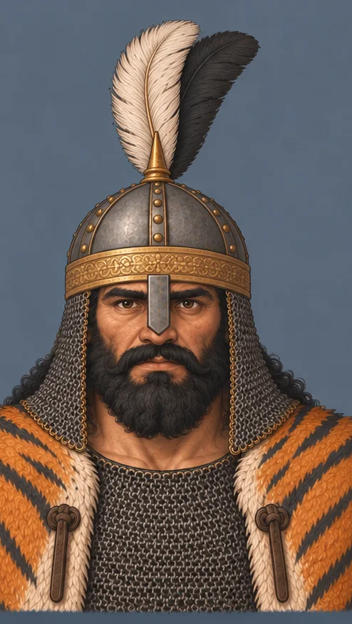 Rostam in a mail coif and plumed helmet, over a tiger-striped coat