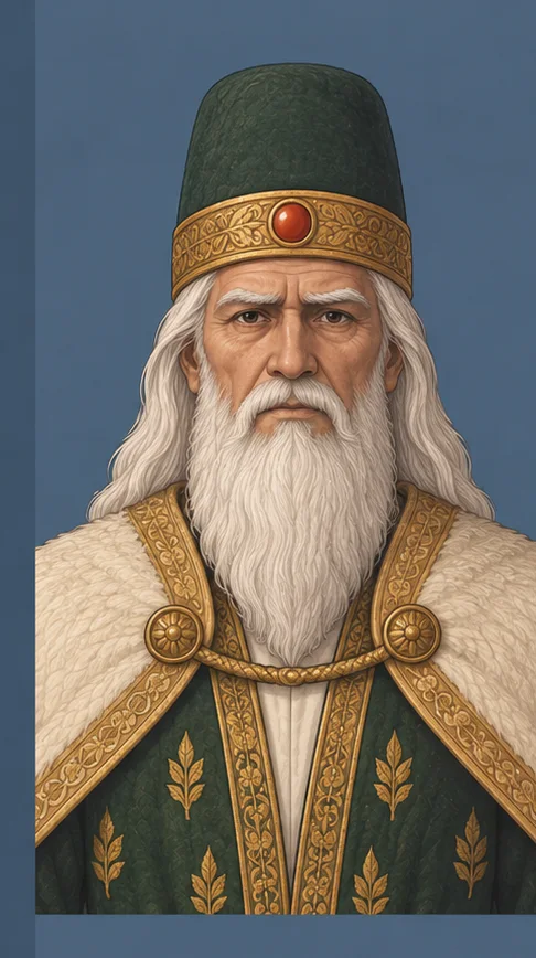 Zal, white haired and white bearded, in a green robe worked with gold under a cream mantle