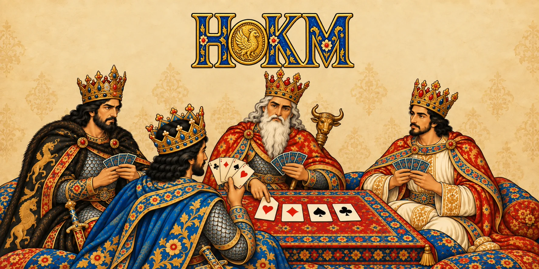 Hokm: Card Game of Kings. چهار شاه تاج‌دار دور میزی کوتاه ورق بازی می‌کنند، شاهی پیر و سپیدریش میان سه پسرش، به شیوه‌ی نقاشی قهوه‌خانه‌ای