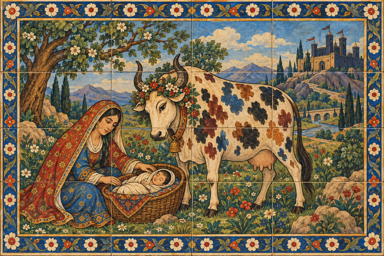 A young mother lays her baby in a basket beside a cow whose coat shines with every colour, with a tyrant's castle far off on a hill