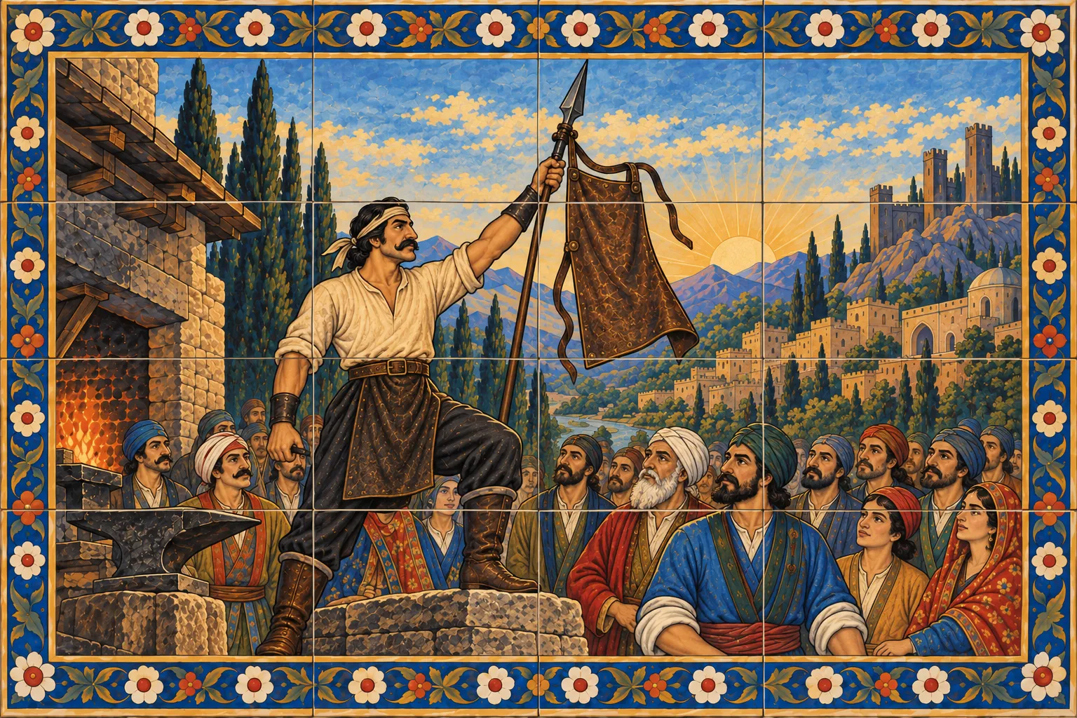 A blacksmith stands on a stone and holds up his leather apron on a spear, with a crowd of townspeople behind him
