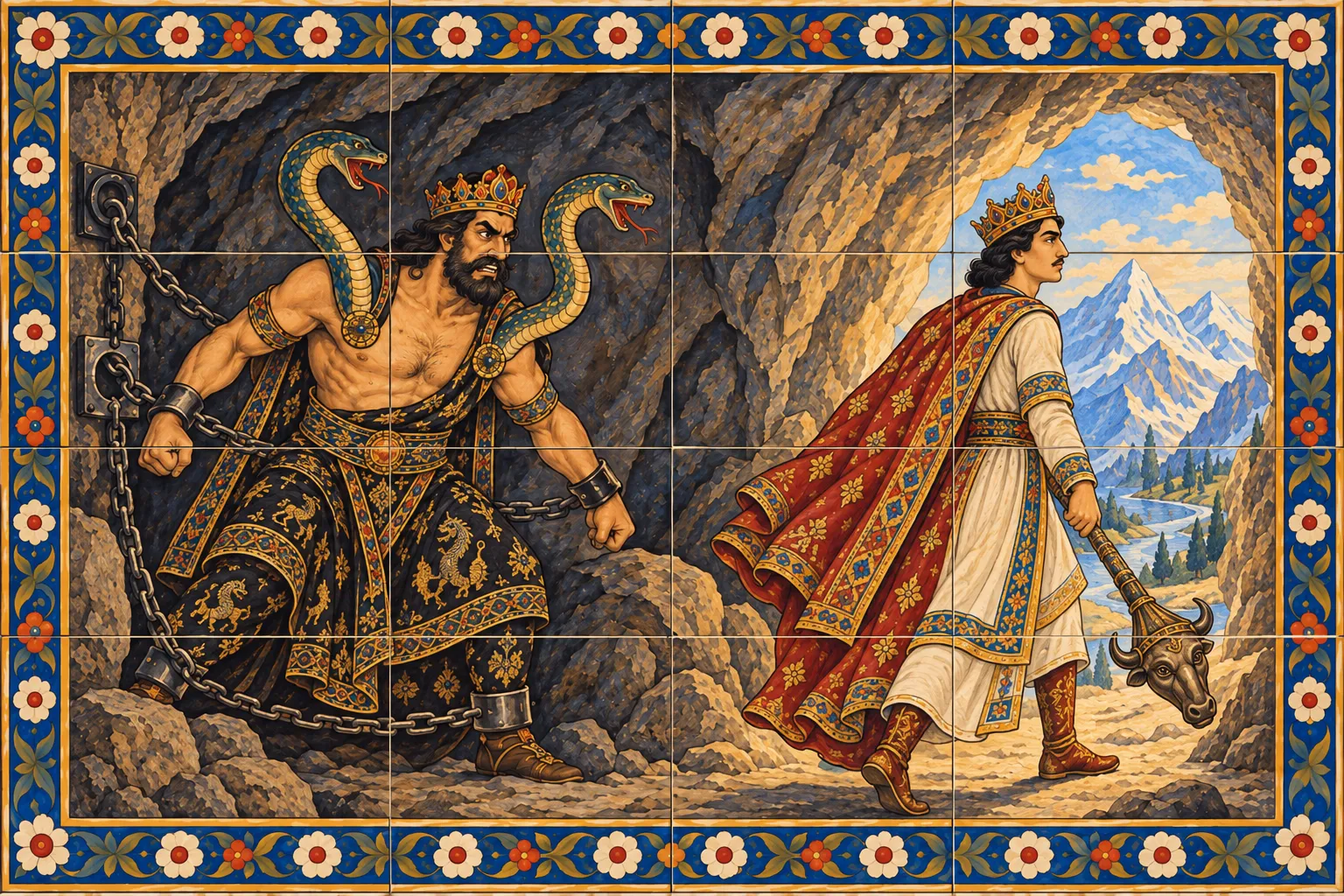 A king with a snake growing from each shoulder stands chained to the rock inside a mountain, while a white-bearded king with an ox-headed mace turns towards the light