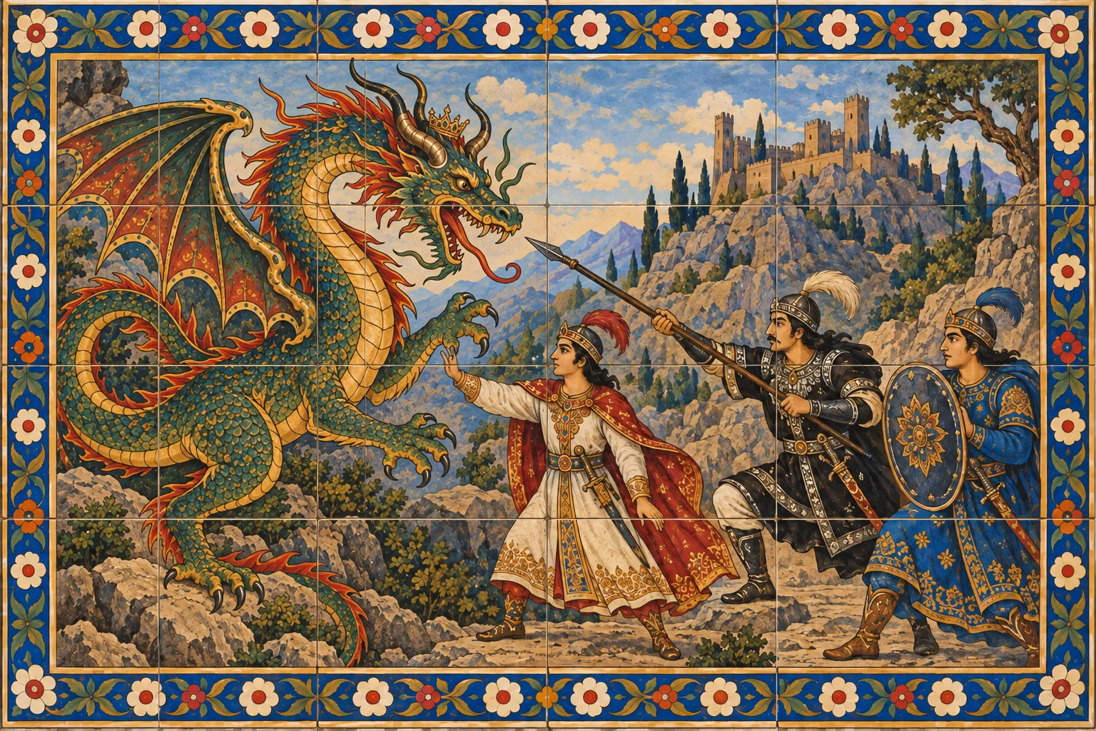 A green and gold dragon rears up on a rocky road in front of three young princes: one steps back, one charges, and one stands and speaks