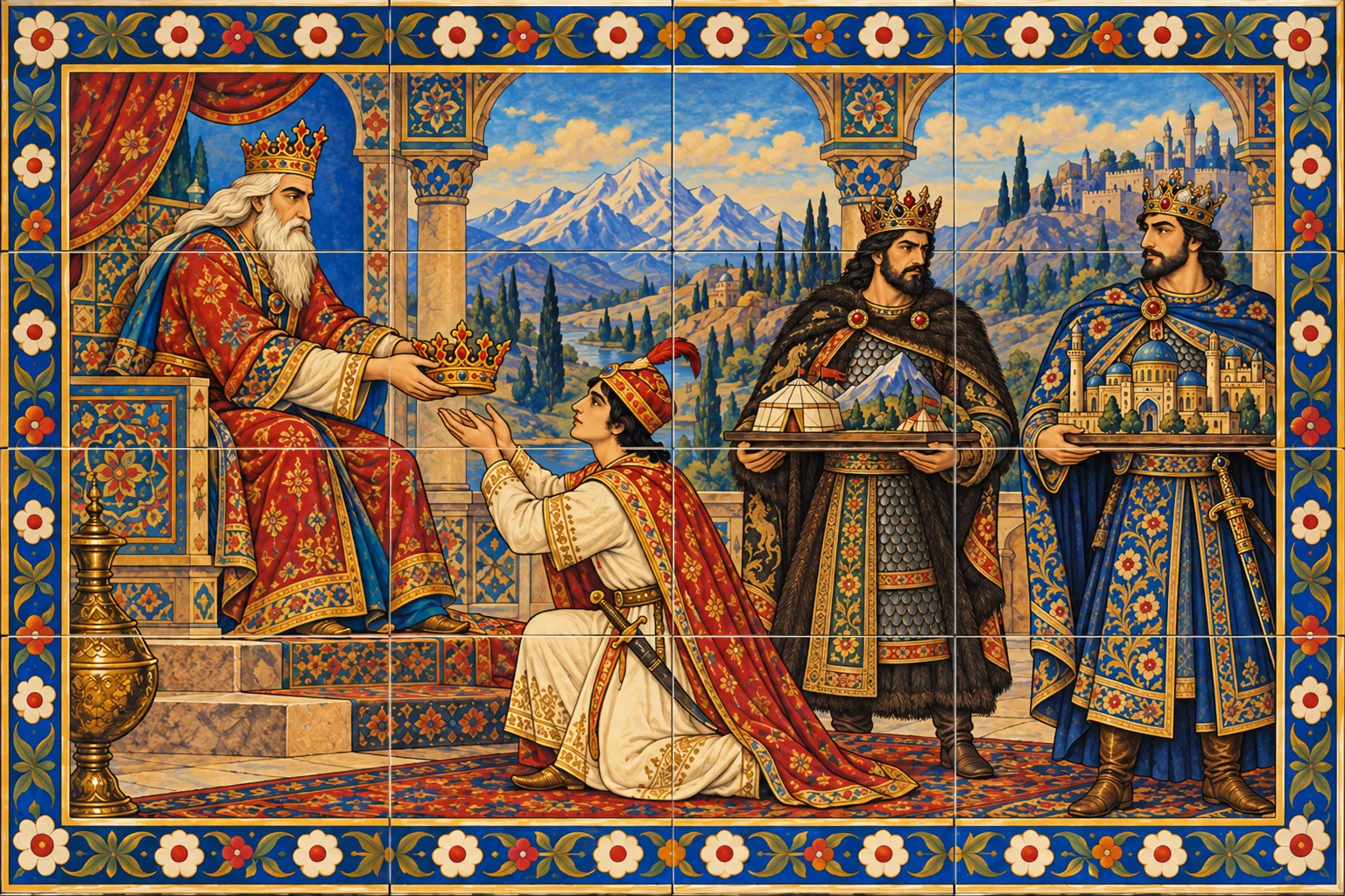 An old king on a high throne holds out his crown to his youngest son, who kneels, while the two elder sons stand holding small models of their lands