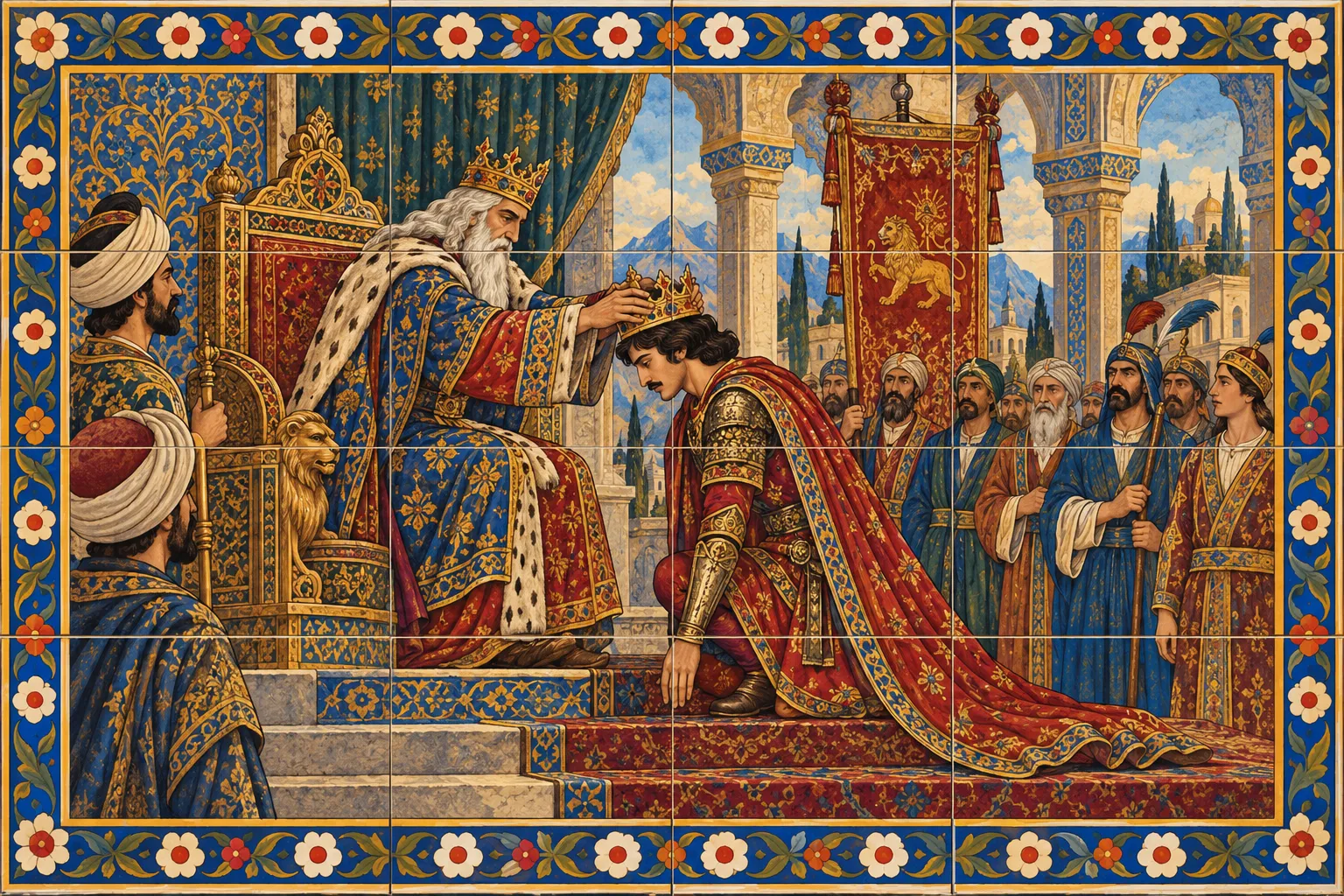 A very old king places a crown on the head of a young man in crimson armour who kneels before him, with a jewelled banner raised behind them